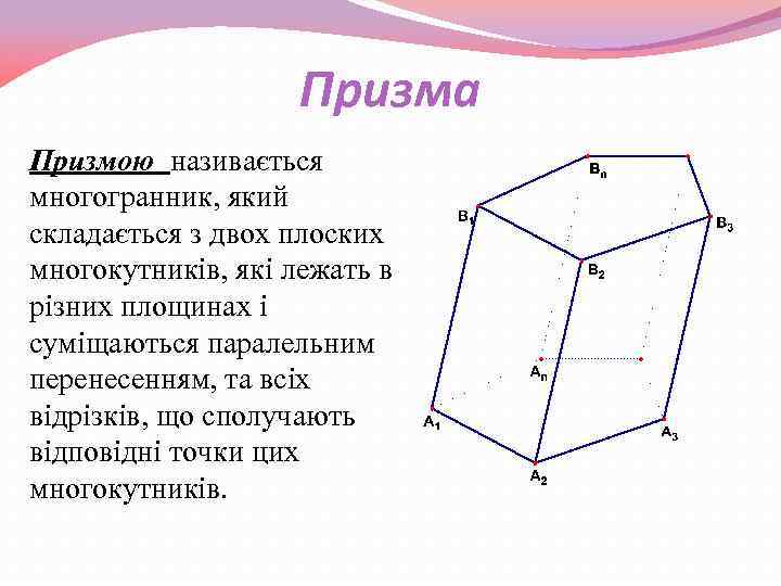 Призма Призмою називається многогранник, який складається з двох плоских многокутників, які лежать в різних
