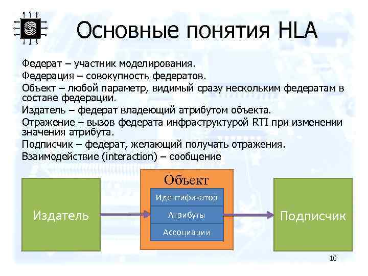 Основные понятия HLA Федерат – участник моделирования. Федерация – совокупность федератов. Объект – любой