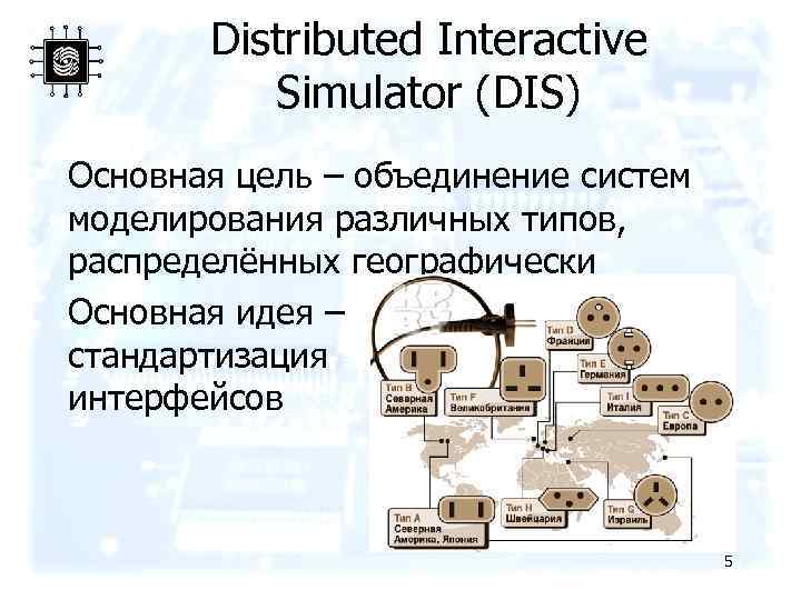 Distributed Interactive Simulator (DIS) Основная цель – объединение систем моделирования различных типов, распределённых географически