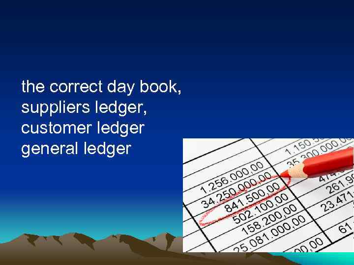 the correct day book, suppliers ledger, customer ledger general ledger 