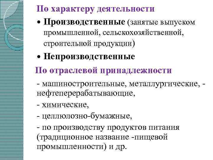 По характеру деятельности Производственные (занятые выпуском промышленной, сельскохозяйственной, строительной продукции) Непроизводственные По отраслевой принадлежности