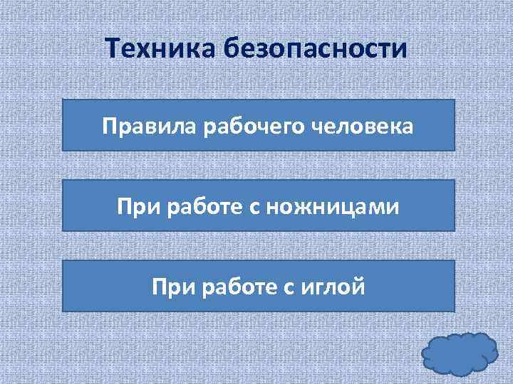 Техника безопасности Правила рабочего человека При работе с ножницами При работе с иглой 