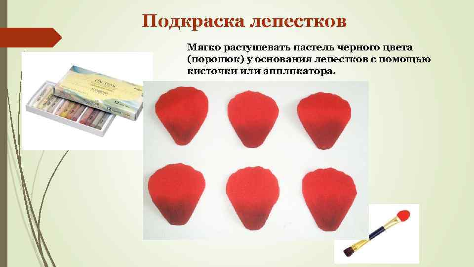 Подкраска лепестков Мягко растушевать пастель черного цвета (порошок) у основания лепестков с помощью кисточки