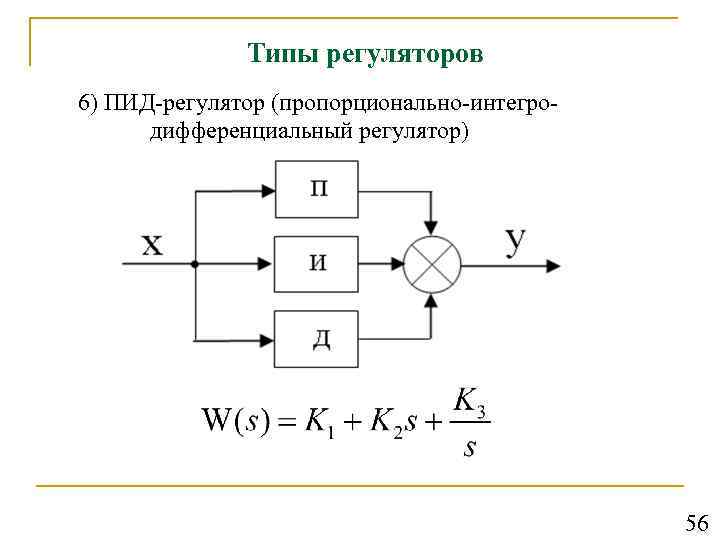Типы регуляторов 6) ПИД-регулятор (пропорционально-интегродифференциальный регулятор) 56 