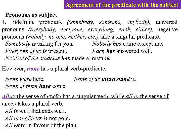 Agreement of the predicate with the subject Pronouns as subject 1. Indefinite pronouns (somebody,