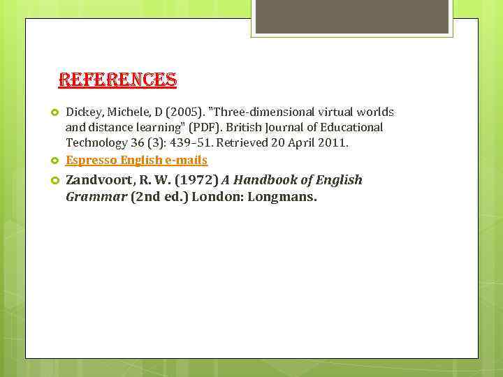 references Dickey, Michele, D (2005). "Three-dimensional virtual worlds and distance learning" (PDF). British Journal