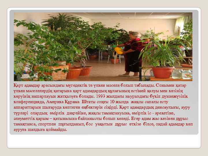 Қарт адамдар арасындағы мүгедектік те үлкен мәселе болып табылады. Сонымен қатар үлкен мәселелердің қатарына