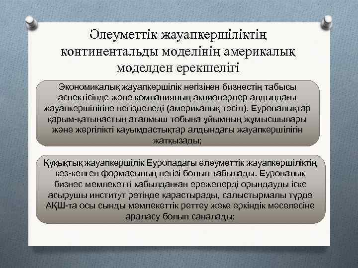 Әлеуметтік жауапкершіліктің континентальды моделінің америкалық моделден ерекшелігі Экономикалық жауапкершілік негізінен бизнестің табысы аспектісінде және