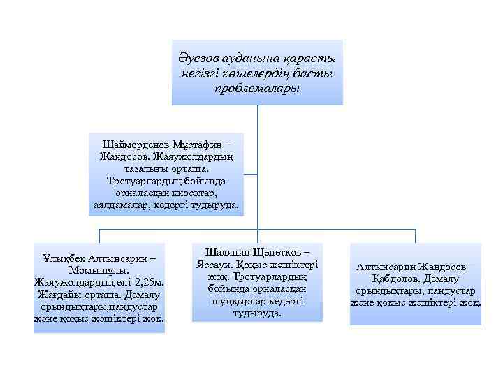 Әуезов ауданына қарасты негізгі көшелердің басты проблемалары Шаймерденов Мұстафин – Жандосов. Жаяужолдардың тазалығы орташа.