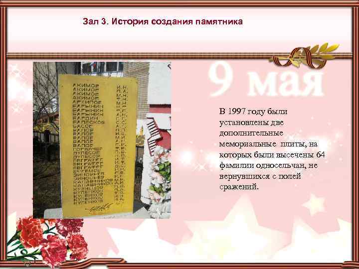 Зал 3. История создания памятника В 1997 году были установлены две дополнительные мемориальные плиты,