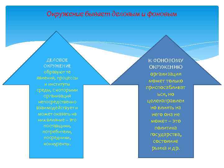 Окружение бывает деловым и фоновым ДЕЛОВОЕ ОКРУЖЕНИЕ образуют те явления, процессы и институты среды,