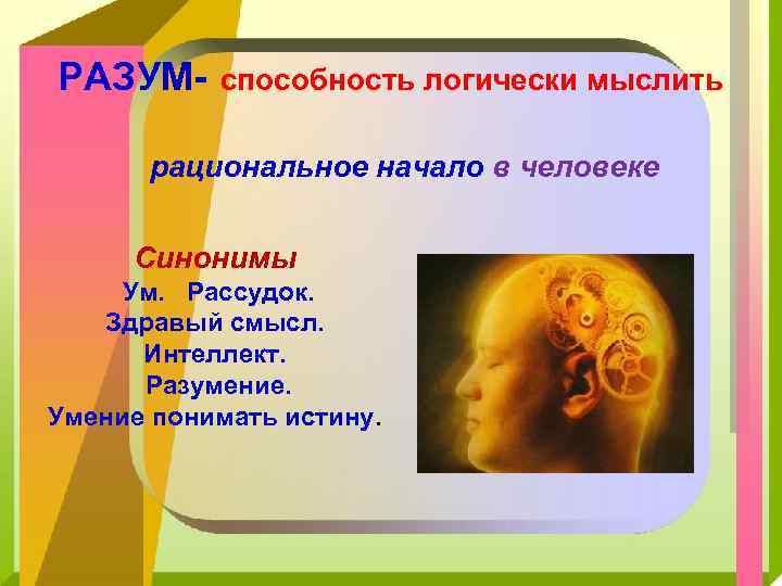 РАЗУМ- способность логически мыслить рациональное начало в человеке Синонимы Ум. Рассудок. Здравый смысл. Интеллект.