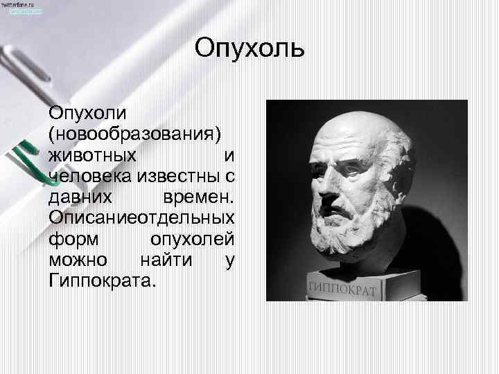 Опухоль Опухоли (новообразования) животных и человека известны с давних времен. Описание тдельных о форм