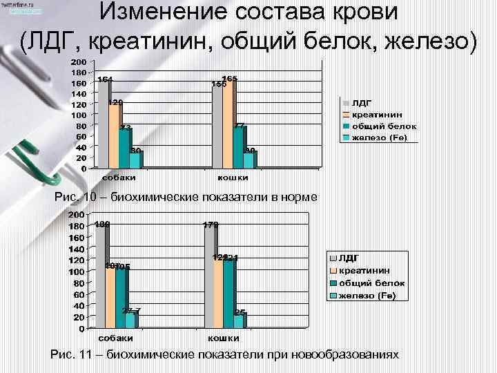 Изменение состава крови (ЛДГ, креатинин, общий белок, железо) Рис. 10 – биохимические показатели в