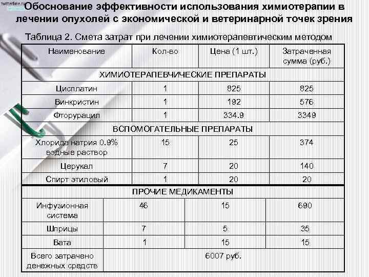 Обоснование эффективности использования химиотерапии в лечении опухолей с экономической и ветеринарной точек зрения Таблица