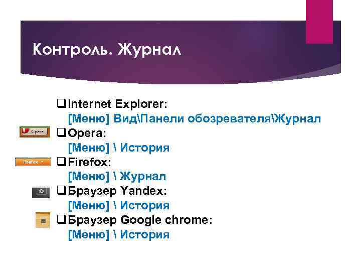 Контроль. Журнал q. Internet Explorer: [Меню] ВидПанели обозревателяЖурнал q. Opera: [Меню]  История q.