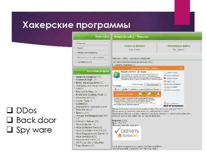Хакерские программы q DDos q Back door q Spy ware 