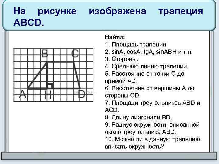 На рисунке ABCD. изображена трапеция Найти: 1. Площадь трапеции 2. sin. A, cos. A,