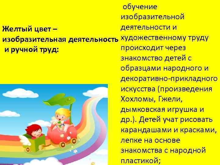  обучение изобразительной деятельности и Желтый цвет – изобразительная деятельность художественному труду происходит через