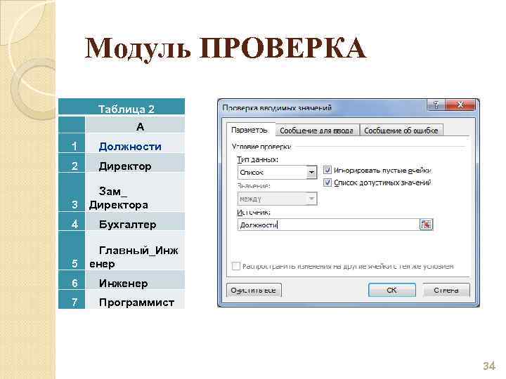 Модуль ПРОВЕРКА Таблица 2 A 1 Должности 2 Директор 3 4 5 Зам_ Директора