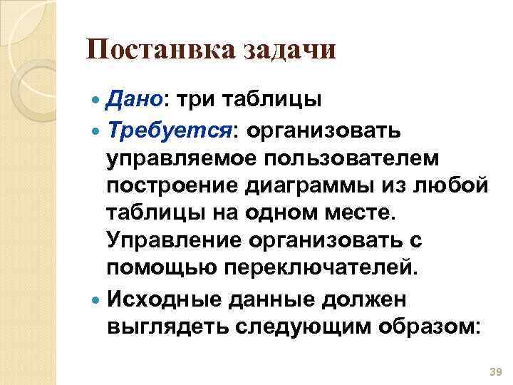 Постанвка задачи Дано: три таблицы Требуется: организовать управляемое пользователем построение диаграммы из любой таблицы