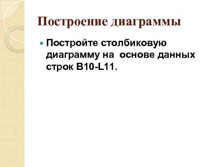 Построение диаграммы Постройте столбиковую диаграмму на основе данных строк B 10 -L 11. 