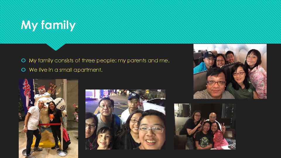 My family consists of three people: my parents and me. We live in a