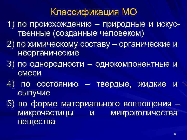Классификация МО 1) по происхождению – природные и искуственные (созданные человеком) 2) по химическому