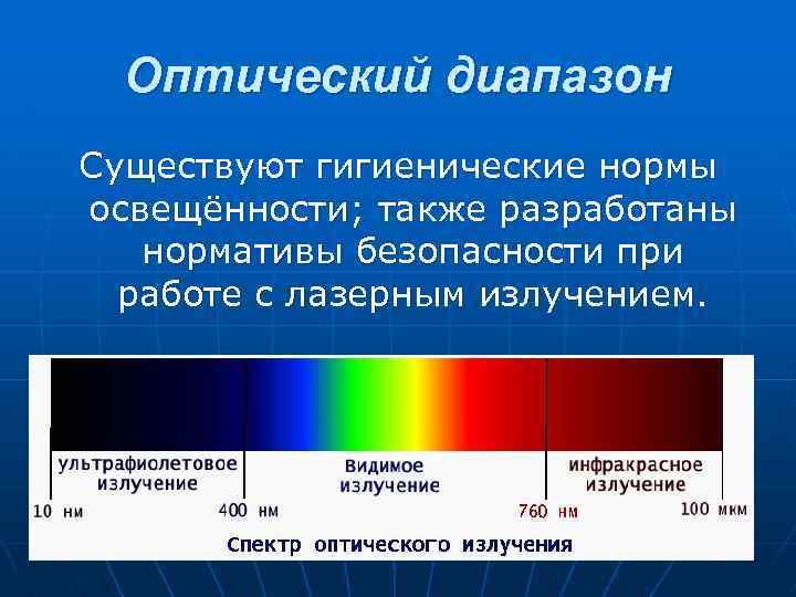 Оптический диапазон Существуют гигиенические нормы освещённости; также разработаны нормативы безопасности при работе с лазерным
