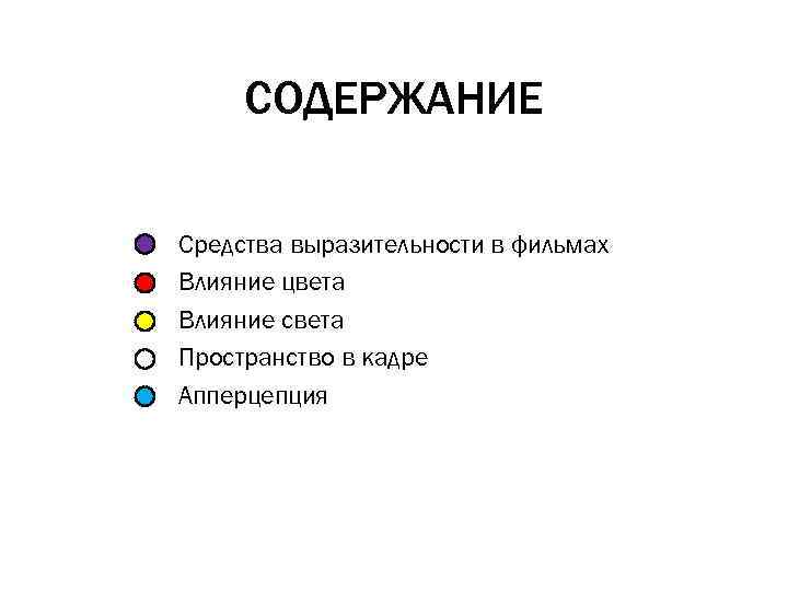 СОДЕРЖАНИЕ Средства выразительности в фильмах Влияние цвета Влияние света Пространство в кадре Апперцепция 