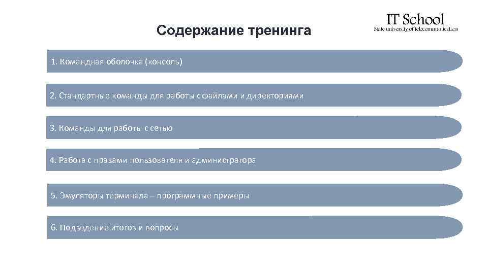 Содержание тренинга 1. Командная оболочка (консоль) 2. Стандартные команды для работы с файлами и