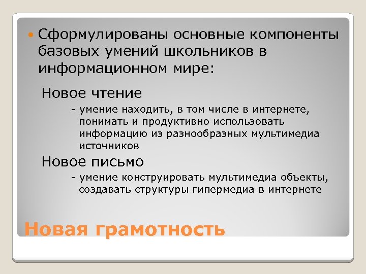  Сформулированы основные компоненты базовых умений школьников в информационном мире: Новое чтение - умение