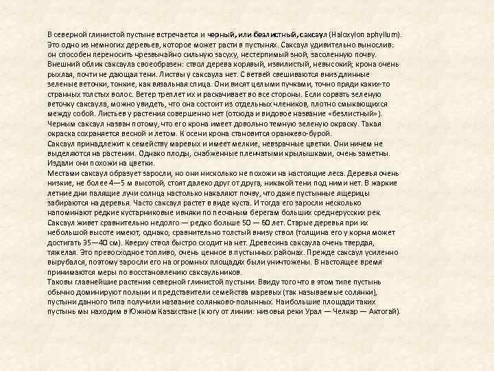 В северной глинистой пустыне встречается и черный, или безлистный, саксаул (Haloxylon aphyllum). Это одно
