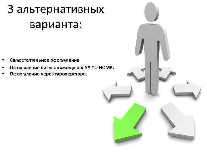 3 альтернативных варианта: • • • Самостоятельное оформление Оформление визы с помощью VISA TO