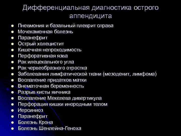 Дифференциальная диагностика острого аппендицита l l l l l Пневмония и базальный плеврит справа