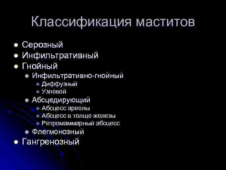 Классификация маститов l l l Серозный Инфильтративный Гнойный l Инфильтративно-гнойный Диффузный l Узловой l