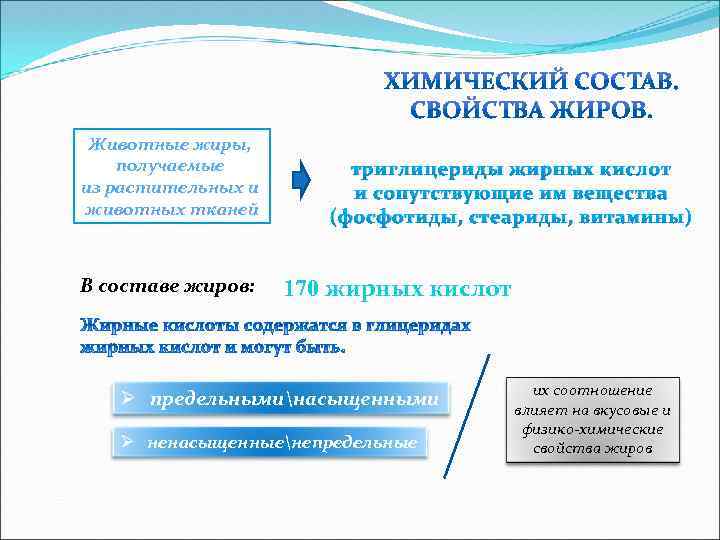 Животные жиры, получаемые из растительных и животных тканей В составе жиров: триглицериды жирных кислот