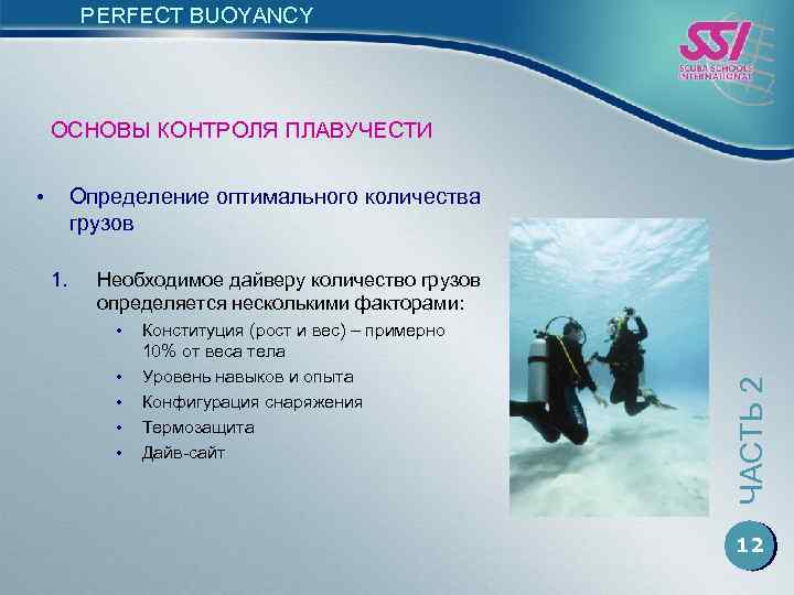 PERFECT BUOYANCY ОСНОВЫ КОНТРОЛЯ ПЛАВУЧЕСТИ • Определение оптимального количества грузов Необходимое дайверу количество грузов