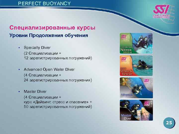 PERFECT BUOYANCY Специализированные курсы Уровни Продолжения обучения • Specialty Diver (2 Специализации + 12