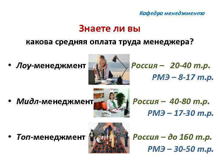 Кафедра менеджмента Знаете ли вы какова средняя оплата труда менеджера? • Лоу-менеджмент Россия –