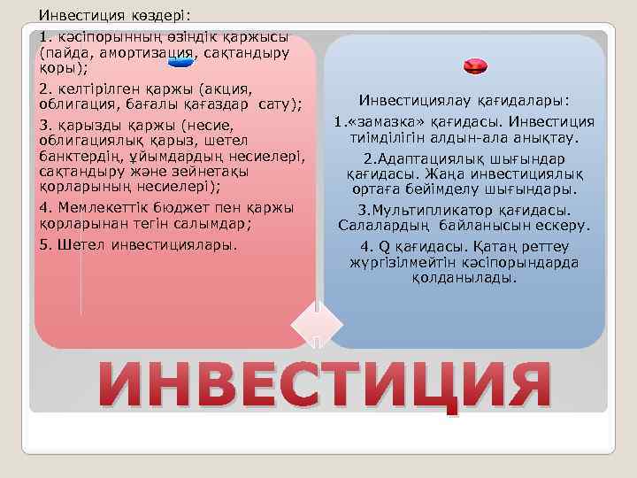 Инвестиция көздері: 1. кәсіпорынның өзіндік қаржысы (пайда, амортизация, сақтандыру қоры); 2. келтірілген қаржы (акция,