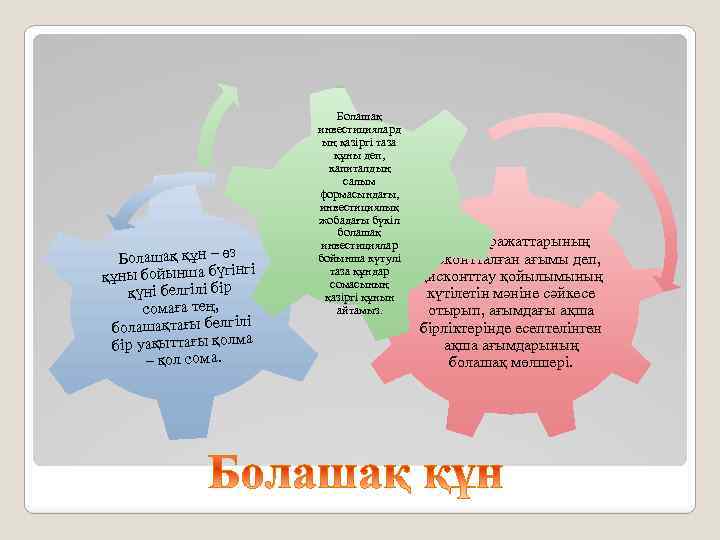 Болашақ құн – өз і құны бойынша бүгінг қүні белгілі бір сомаға тең, болашақтағы