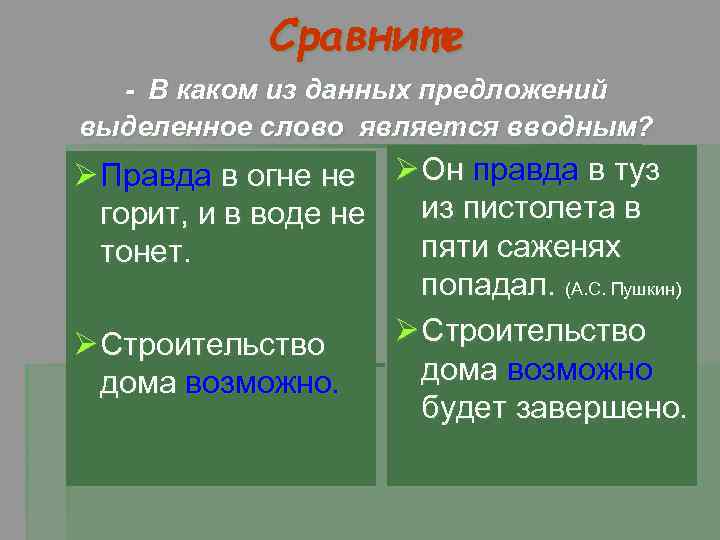 Сравните - В каком из данных предложений выделенное слово является вводным? Ø Правда в