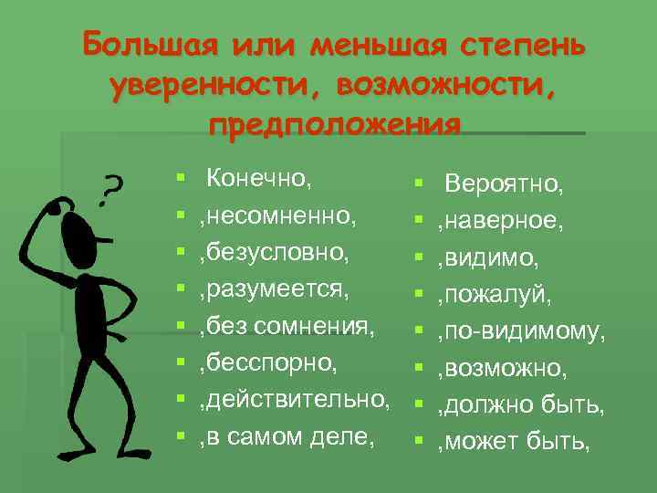Большая или меньшая степень уверенности, возможности, предположения § § § § Конечно, , несомненно,