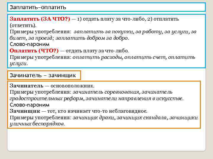 Заплатить–оплатить Заплатить (ЗА ЧТО? ) — 1) отдать плату за что-либо, 2) отплатить (ответить).