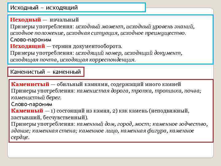 Исходный – исходящий Исходный — начальный Примеры употребления: исходный момент, исходный уровень знаний, исходное