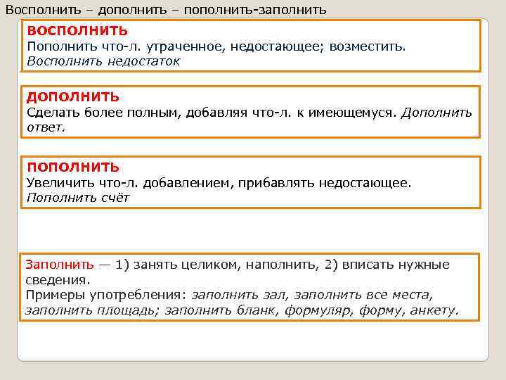 Восполнить – дополнить – пополнить-заполнить ВОСПОЛНИТЬ Пополнить что-л. утраченное, недостающее; возместить. Восполнить недостаток ДОПОЛНИТЬ