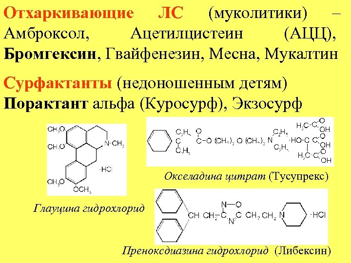 Отхаркивающие ЛС (муколитики) – Амброксол, Ацетилцистеин (АЦЦ), Бромгексин, Гвайфенезин, Месна, Мукалтин Сурфактанты (недоношенным детям)