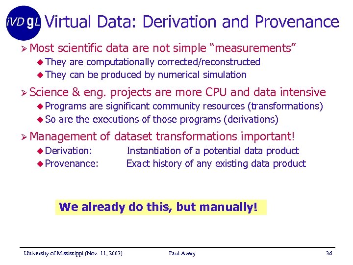 Virtual Data: Derivation and Provenance Ø Most scientific data are not simple “measurements” u