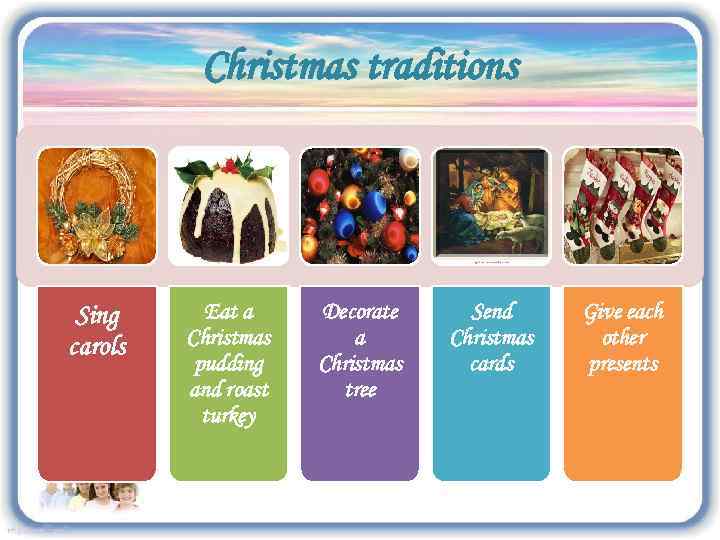 Christmas traditions Sing carols Eat a Christmas pudding and roast turkey Decorate a Christmas
